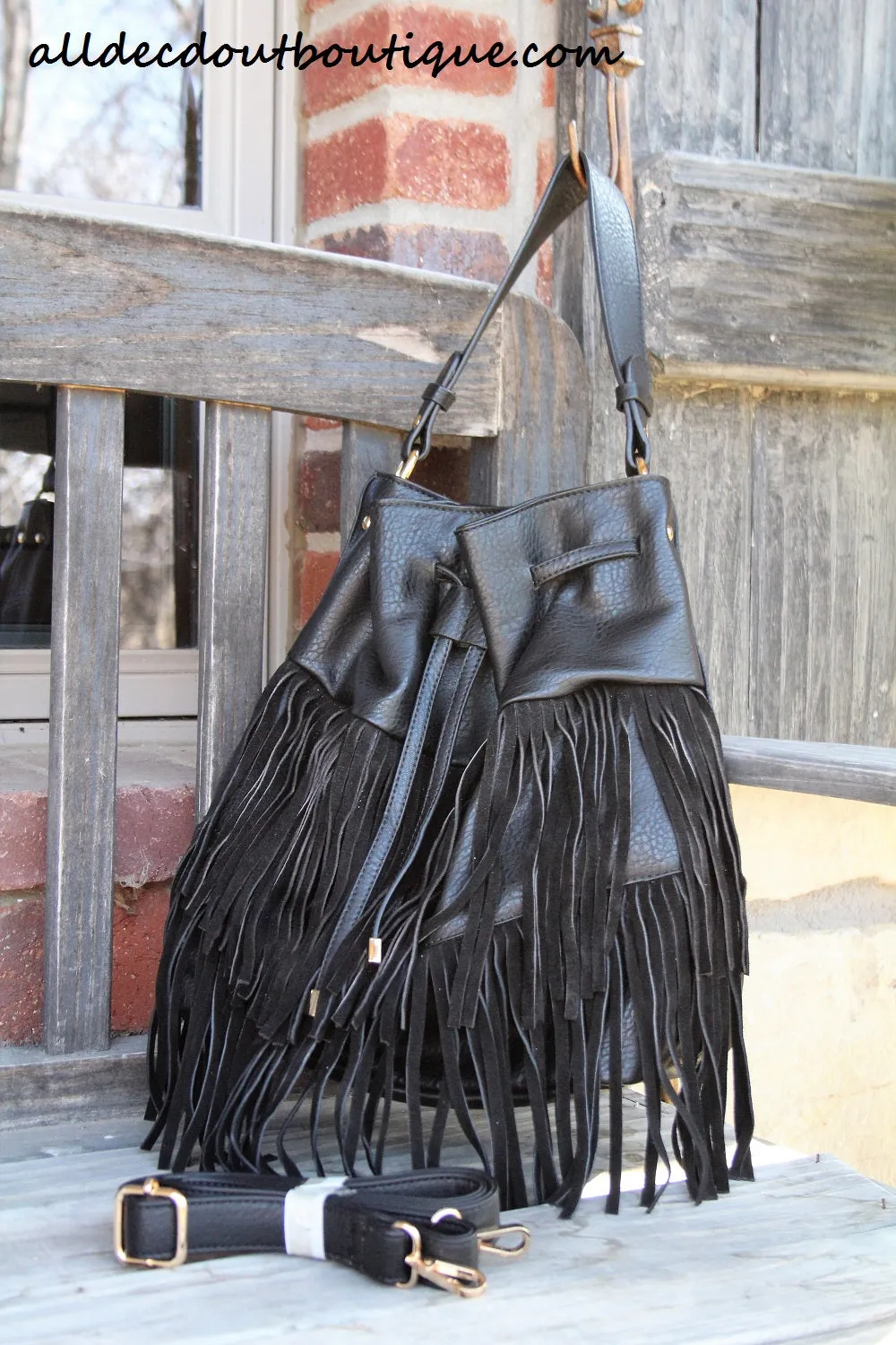 ADO | Drawstring Fringe Hobo Handbag Black
