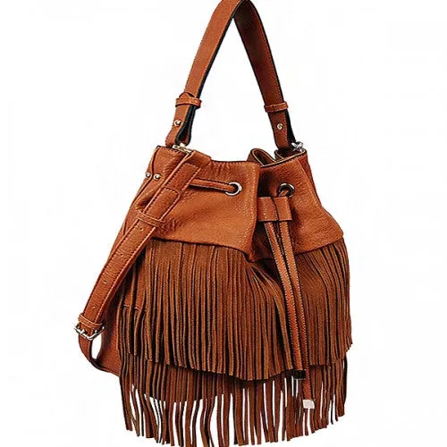 ADO | Drawstring Fringe Hobo Handbag Black