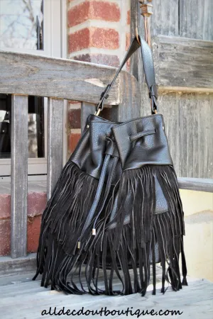 ADO | Drawstring Fringe Hobo Handbag Black