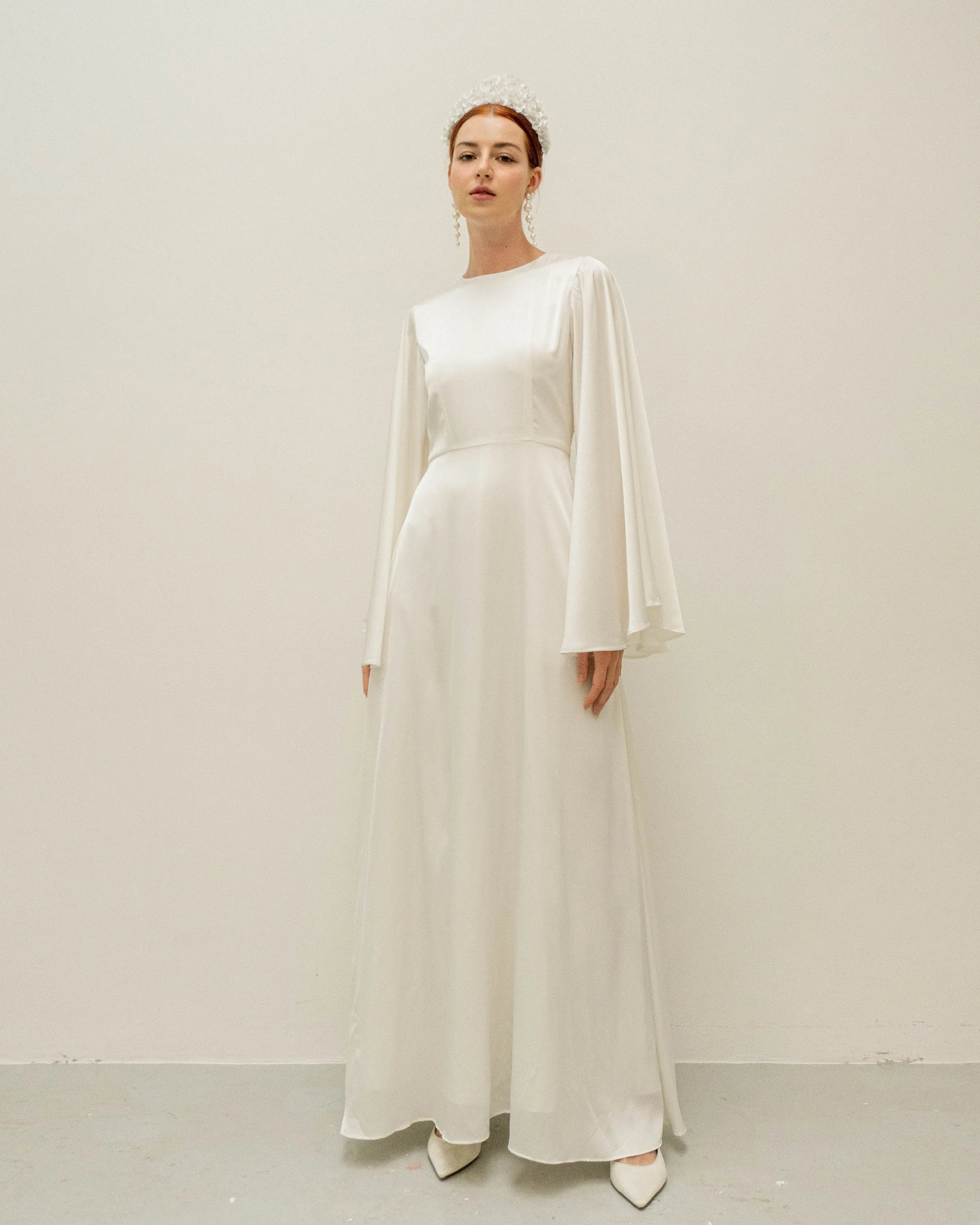 Agata Cream Angle Sleeves Floor Length Dress