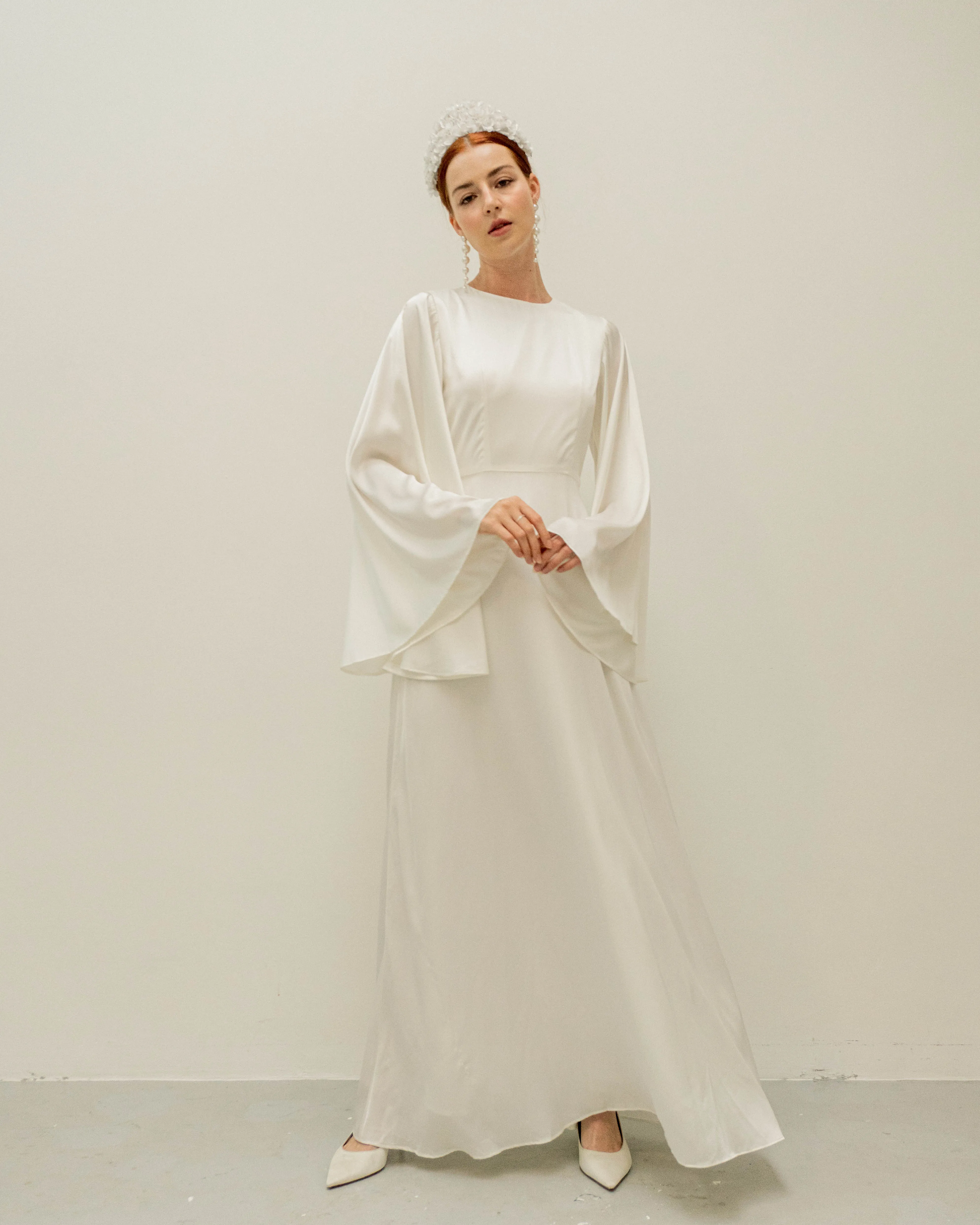 Agata Cream Angle Sleeves Floor Length Dress