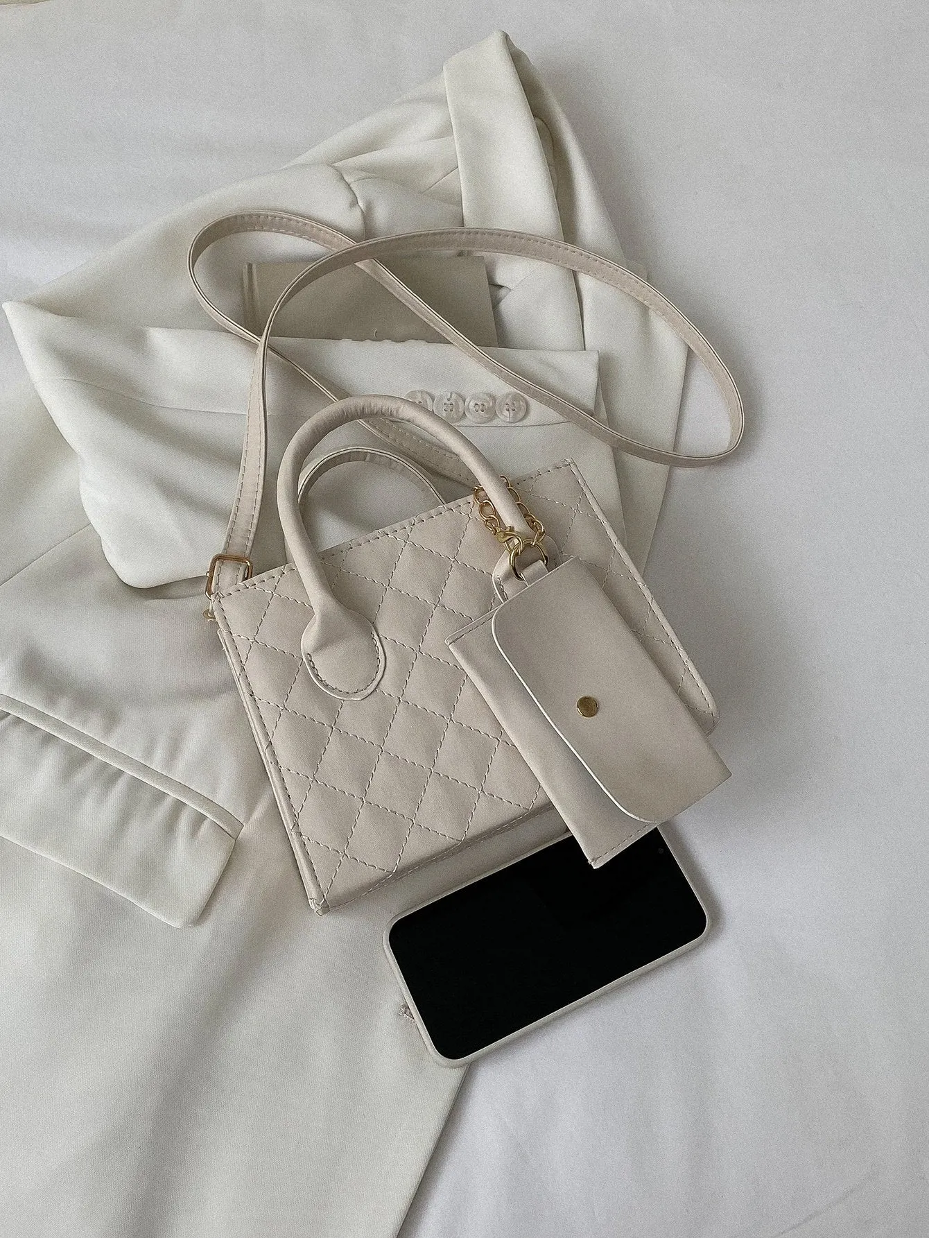 Argyle Quilted Double Handle Square Bag With Coin Purse - Beige