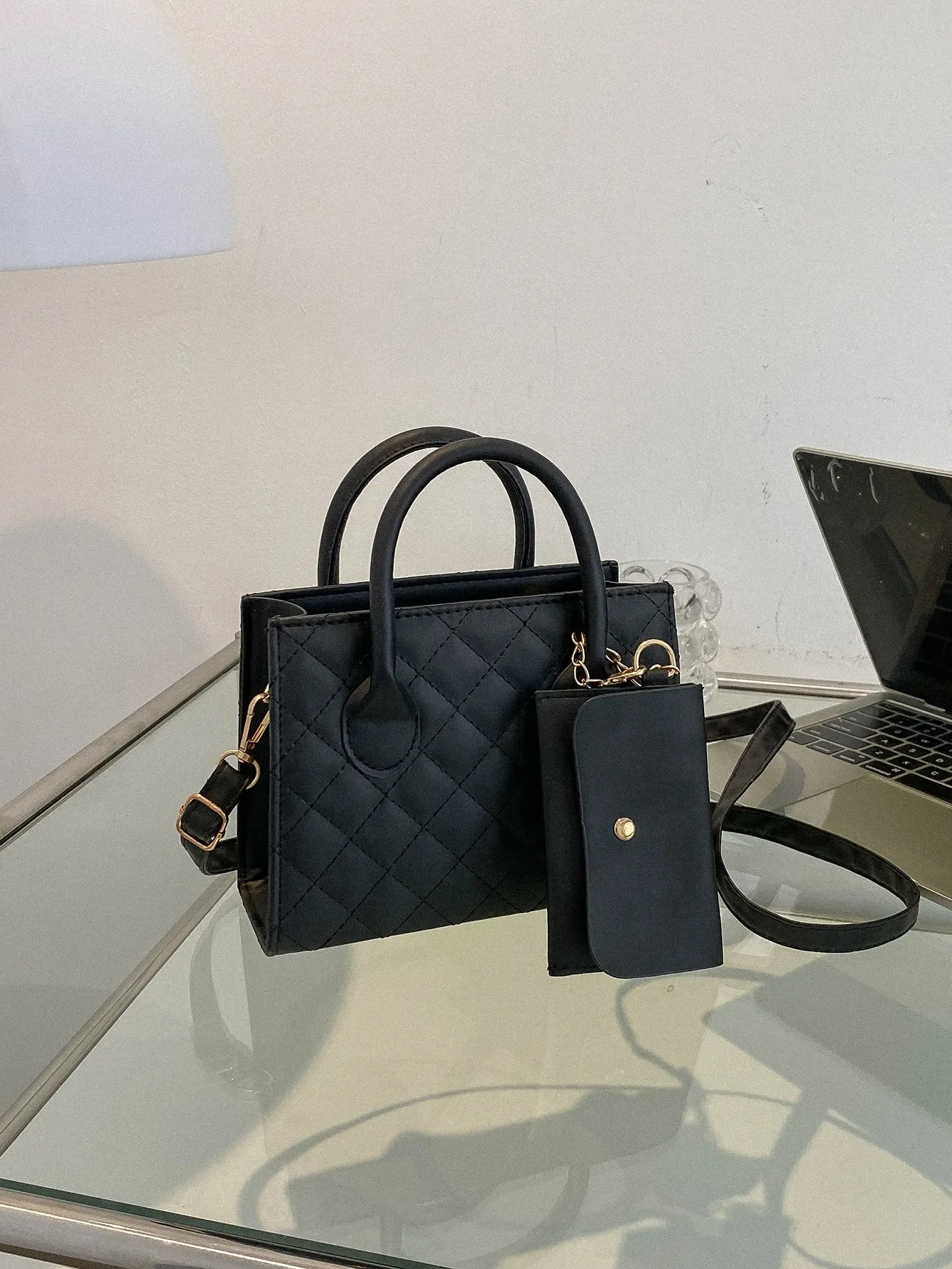 Argyle Quilted Double Handle Square Bag With Coin Purse - Black