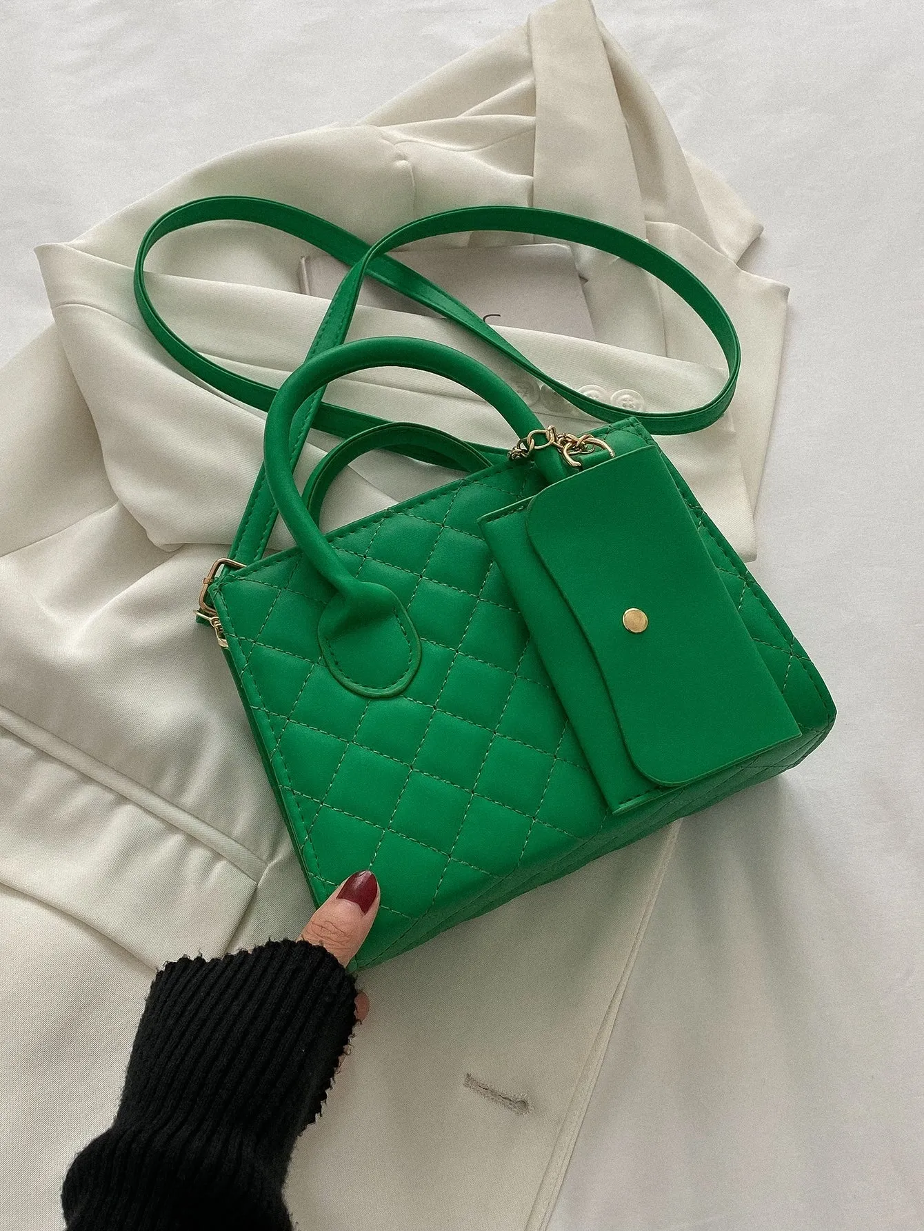 Argyle Quilted Double Handle Square Bag With Coin Purse - Green - FD ⚡