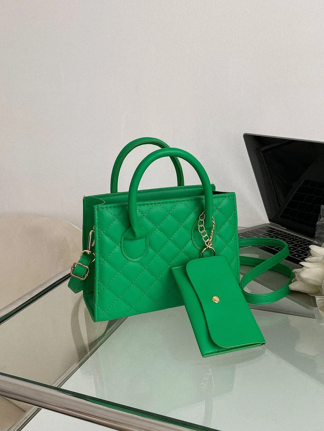 Argyle Quilted Double Handle Square Bag With Coin Purse - Green - FD ⚡