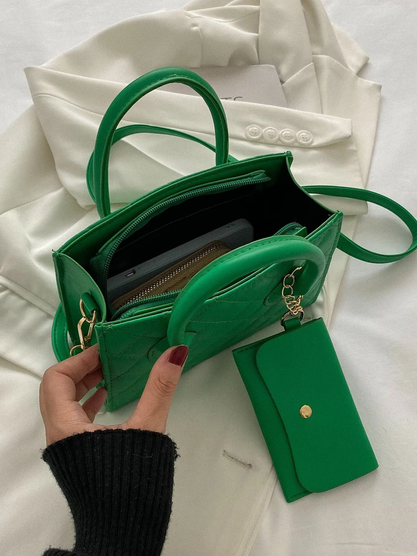 Argyle Quilted Double Handle Square Bag With Coin Purse - Green - FD ⚡