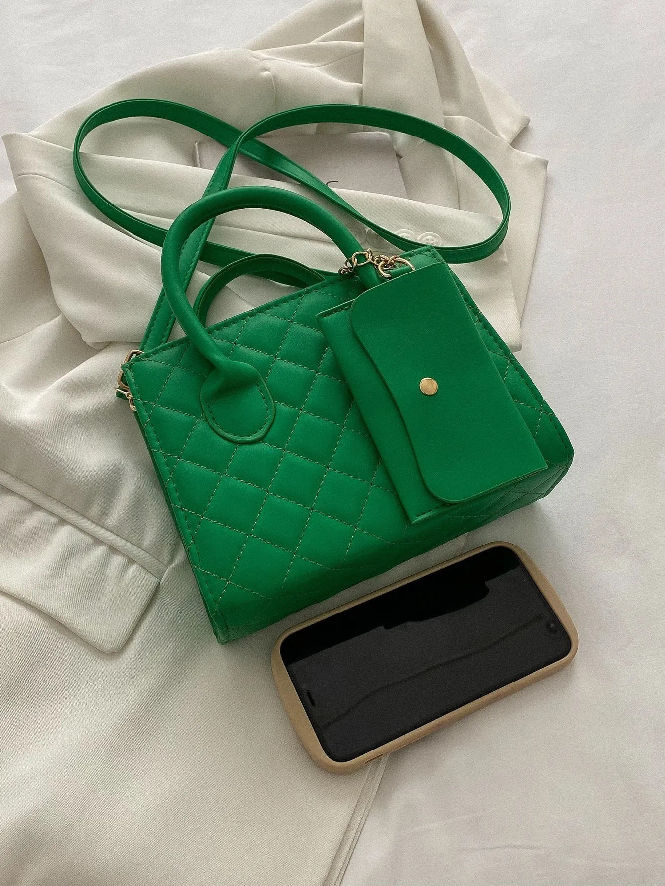 Argyle Quilted Double Handle Square Bag With Coin Purse - Green - FD ⚡