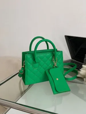 Argyle Quilted Double Handle Square Bag With Coin Purse - Green - FD ⚡