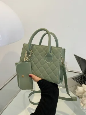 Argyle Quilted Double Handle Square Bag With Coin Purse - Light Green