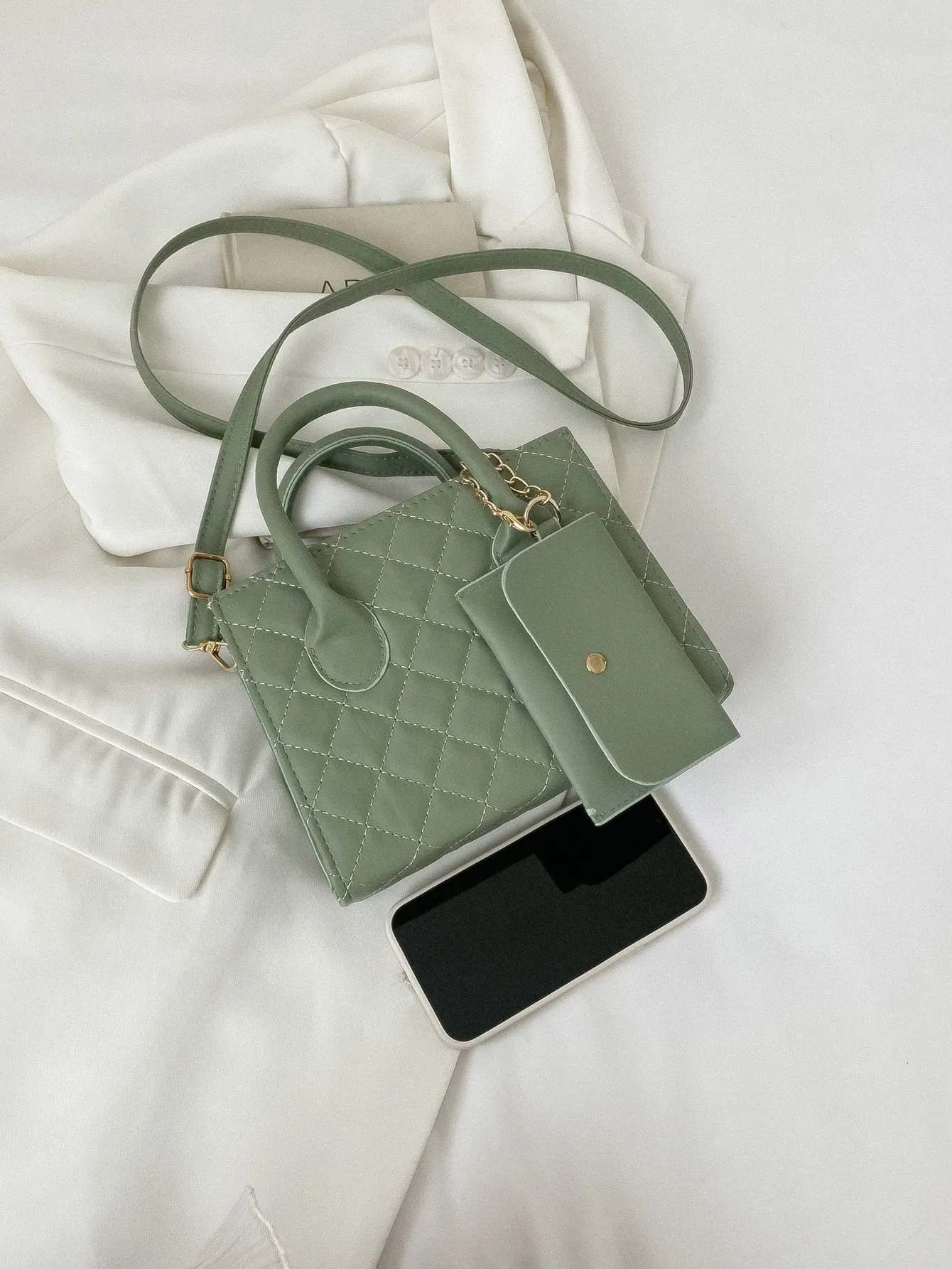 Argyle Quilted Double Handle Square Bag With Coin Purse - Light Green