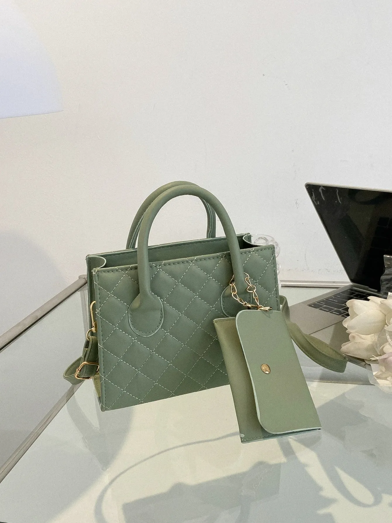 Argyle Quilted Double Handle Square Bag With Coin Purse - Light Green