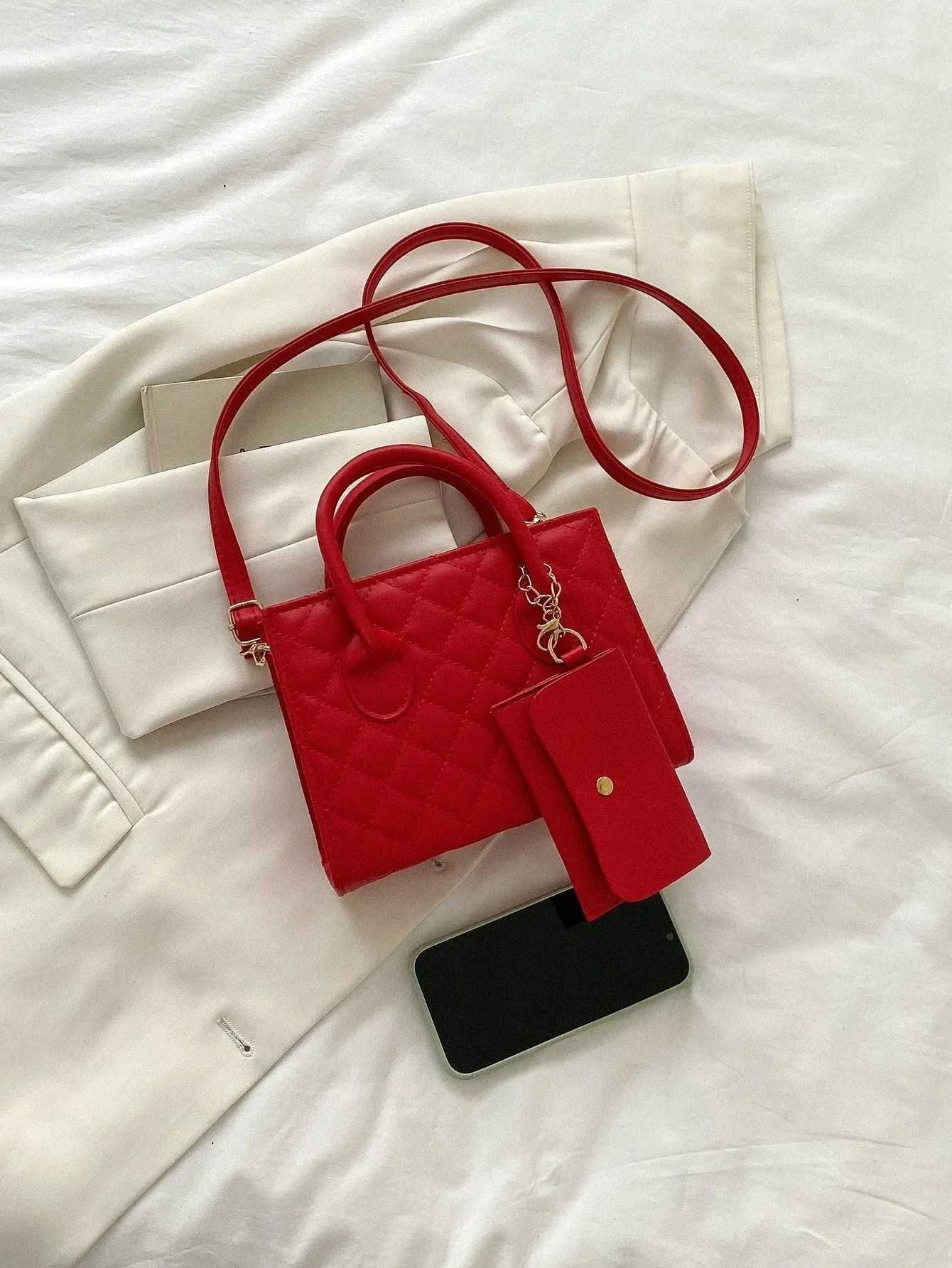 Argyle Quilted Double Handle Square Bag With Coin Purse - Red