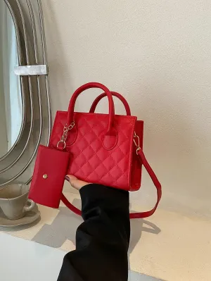 Argyle Quilted Double Handle Square Bag With Coin Purse - Red