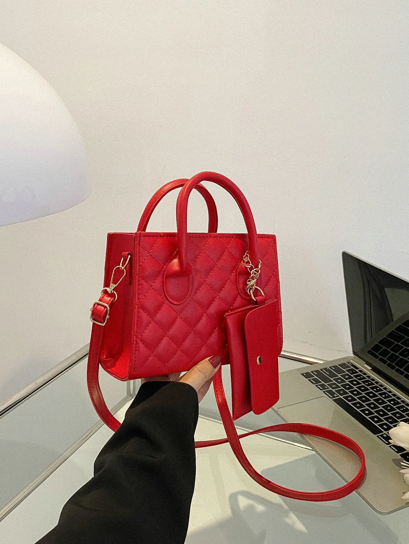 Argyle Quilted Double Handle Square Bag With Coin Purse - Red