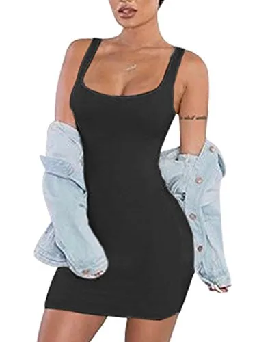 BEAGIMEG Women's Casual Basic Sleeveless Tank Top Bodycon Mini Club Dress Black