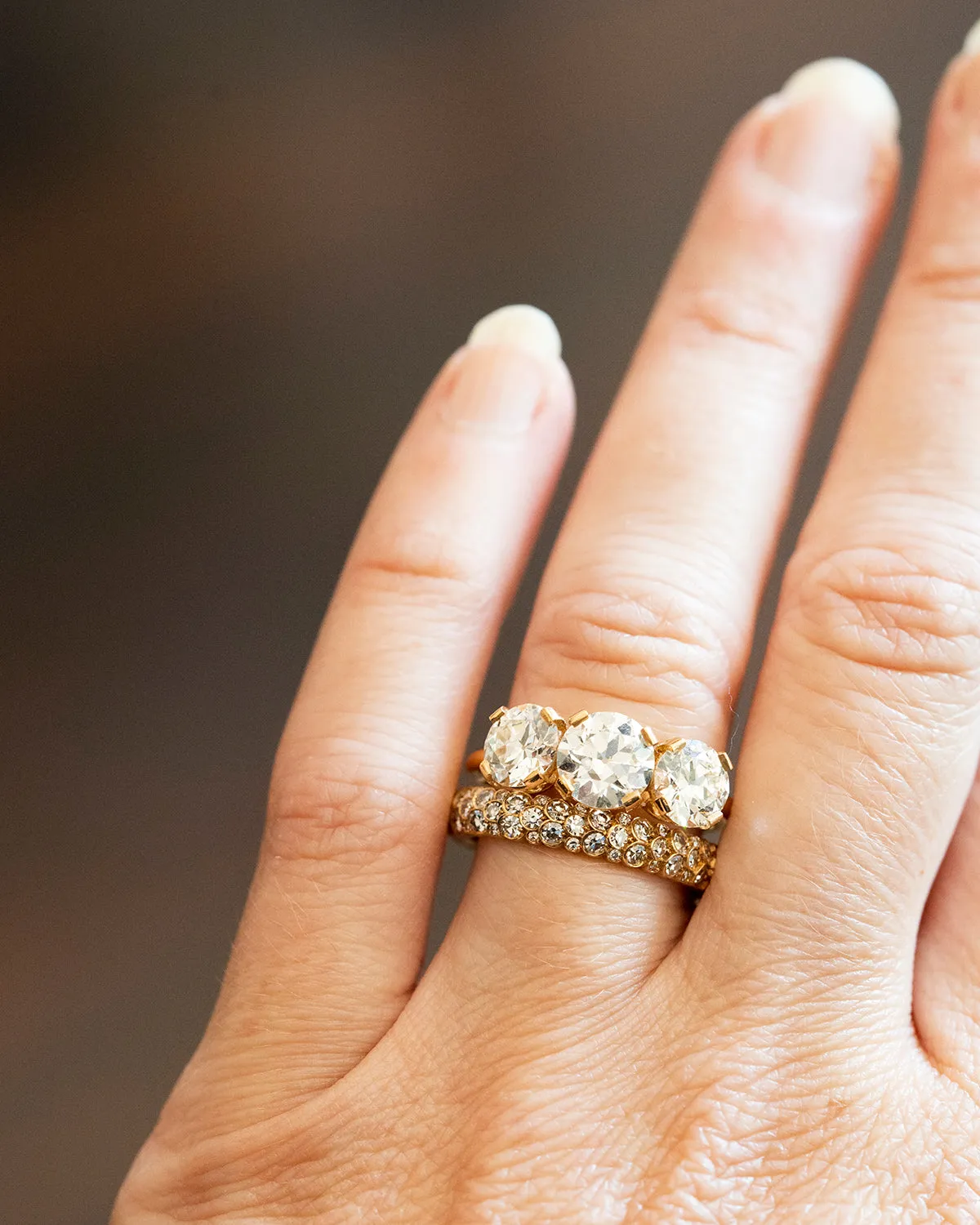 Bell & Bird Tab Prong Three Stone Ring