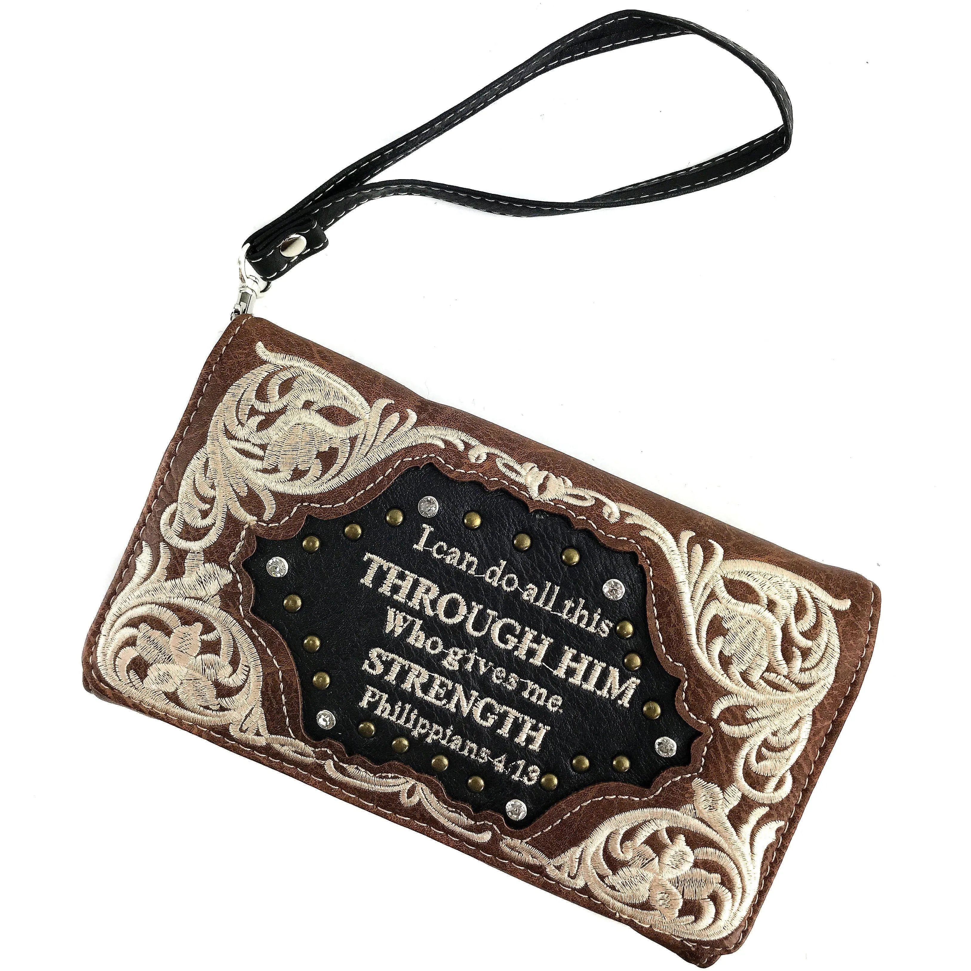 Bible Verse Philippians 4:13 Embroidery Crossbody Wallet: Black