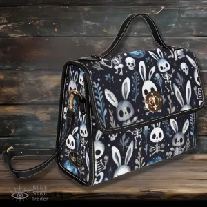 Black Blue Creepy Easter Handbag, Bunny Rabbit Goth Purse, Skulls Skeletons Canvas Satchel bag