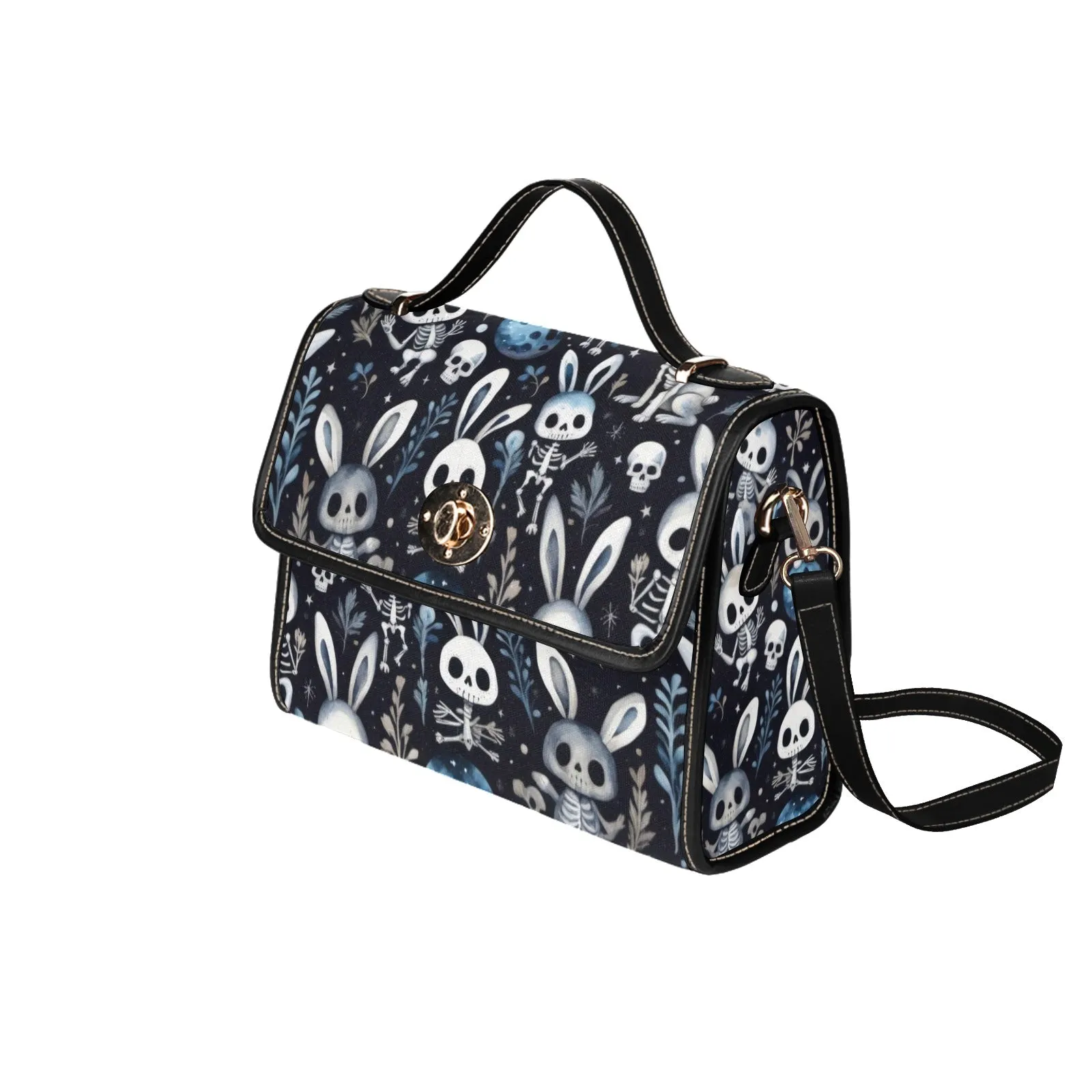 Black Blue Creepy Easter Handbag, Bunny Rabbit Goth Purse, Skulls Skeletons Canvas Satchel bag