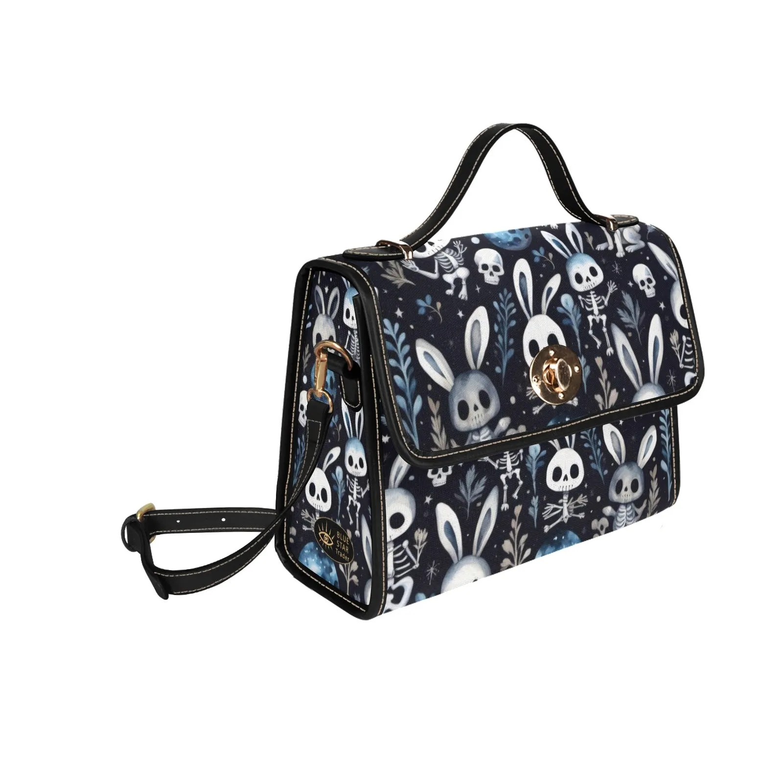 Black Blue Creepy Easter Handbag, Bunny Rabbit Goth Purse, Skulls Skeletons Canvas Satchel bag