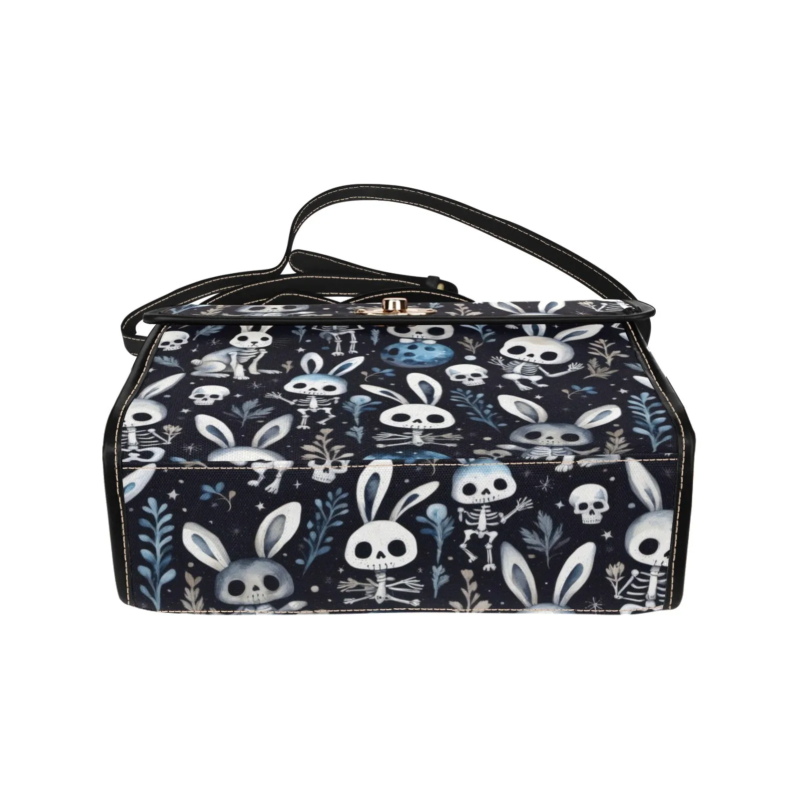 Black Blue Creepy Easter Handbag, Bunny Rabbit Goth Purse, Skulls Skeletons Canvas Satchel bag