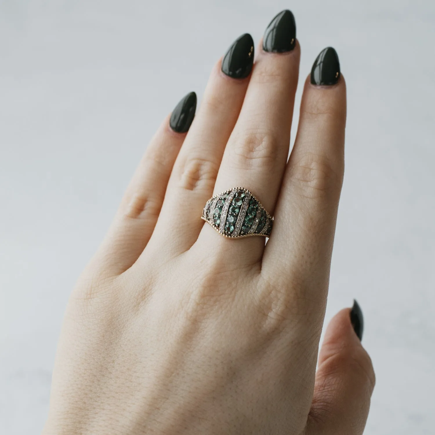 Blue Green Tourmaline and Diamond Milgrain Ring