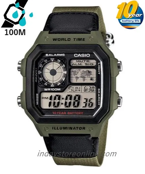 Casio Digital Men's Watch AE-1200WHB-3B Digital Green Color Cloth Band Resin Glass
