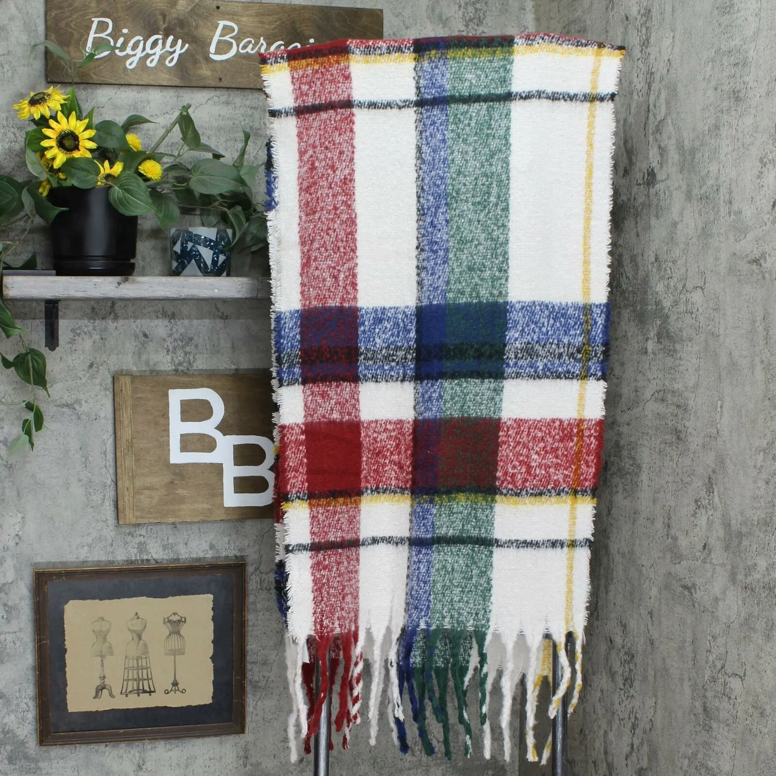 Cejon Women's Spacious Plaid Blanket Wrap Scarf With Fringe