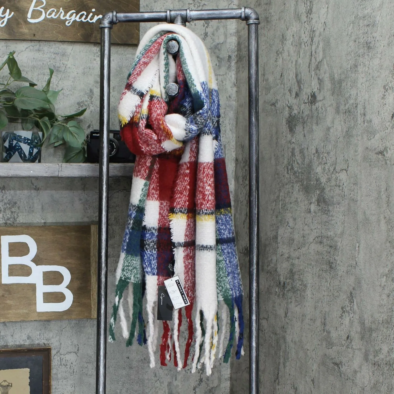 Cejon Women's Spacious Plaid Blanket Wrap Scarf With Fringe