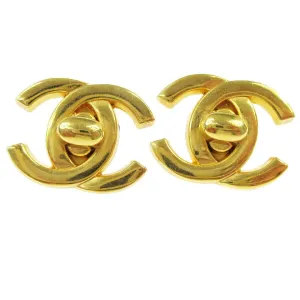 CHANEL CC Logos Turnlock Motif Earrings Clip-On Gold-Tone 95A 03352