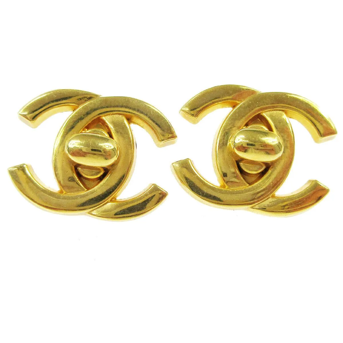 CHANEL CC Logos Turnlock Motif Earrings Clip-On Gold-Tone 95A 03352