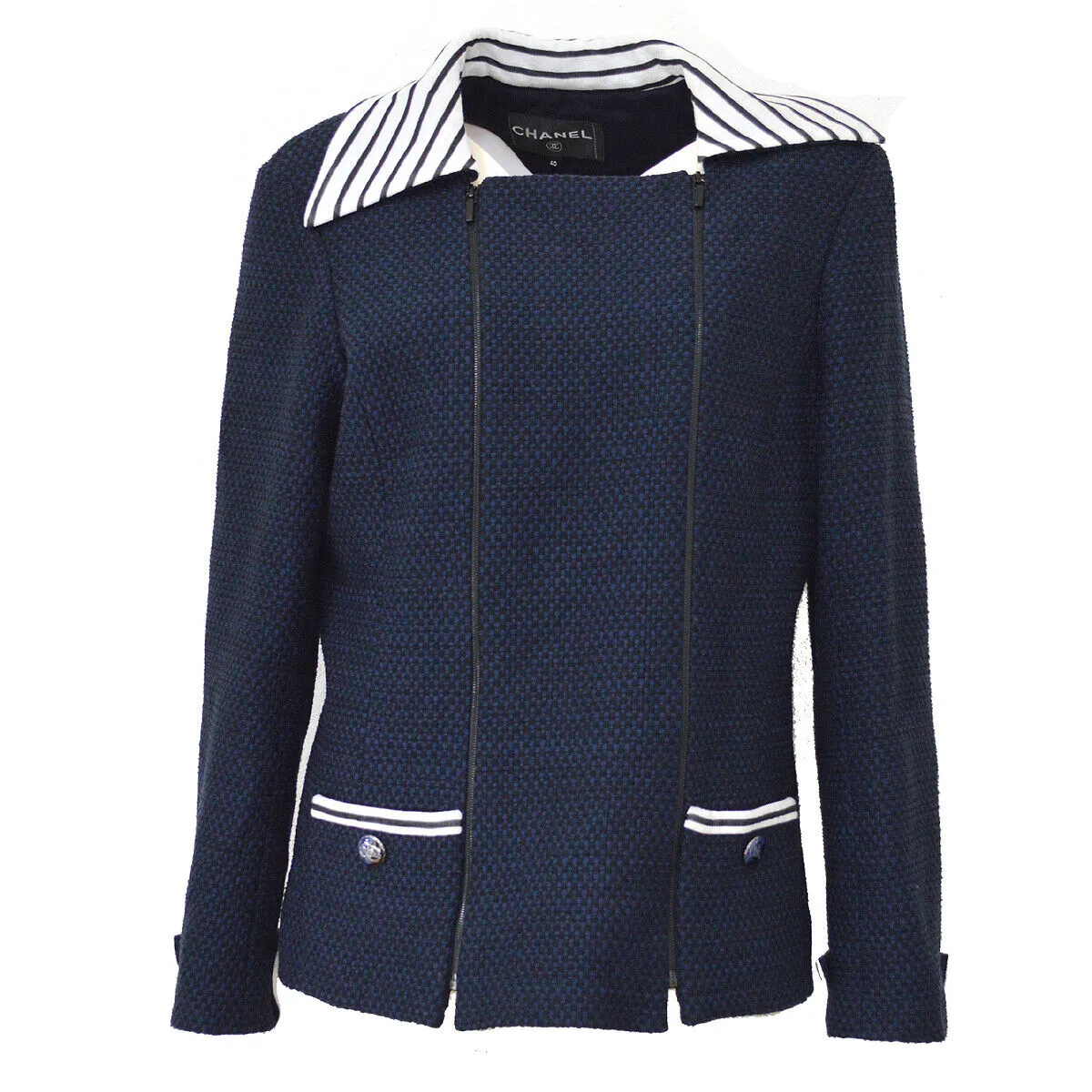 CHANEL P55988V42352 #40 Double Zip Up Long Sleeve Jacket Navy Authentic Y04111k