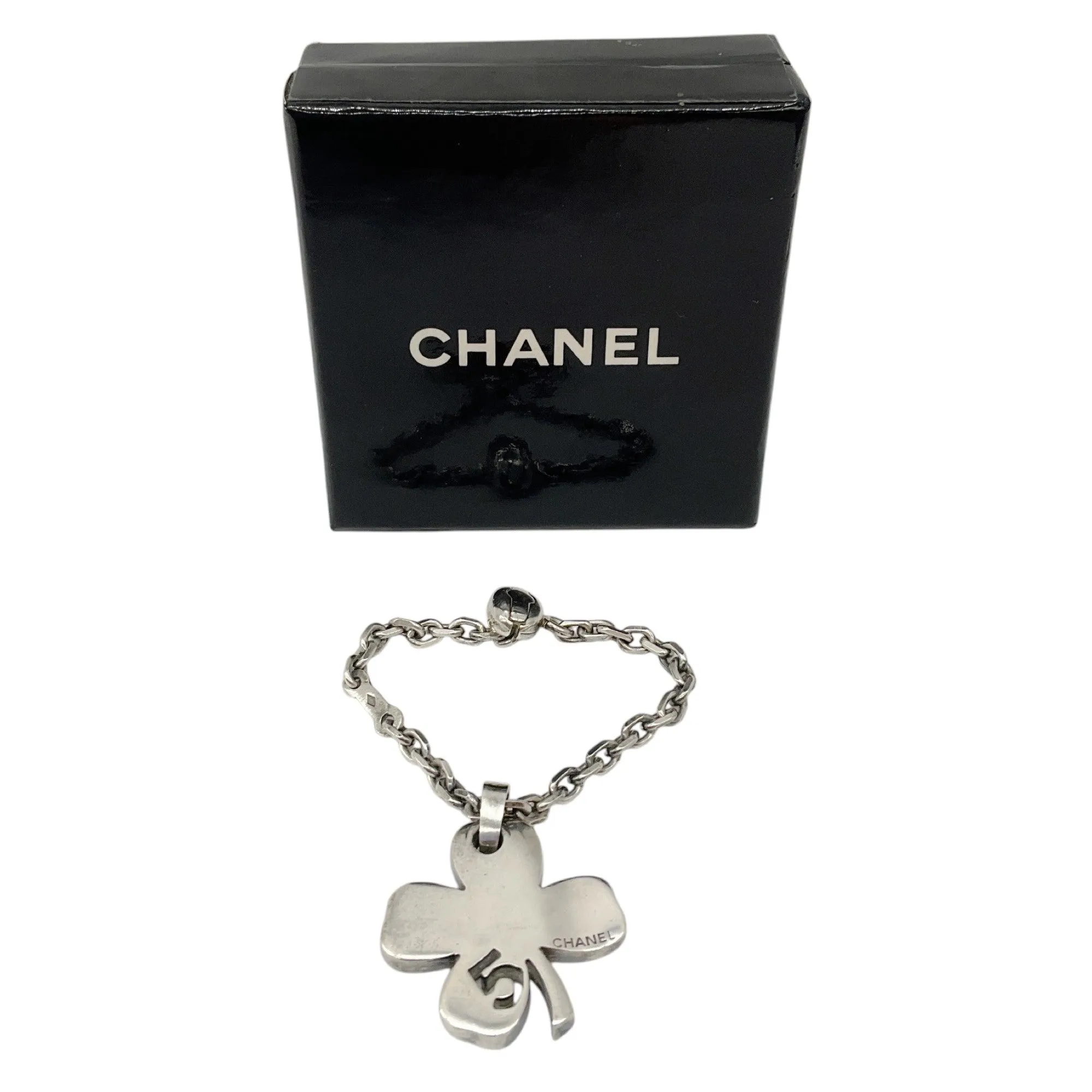 Chanel Silver No. 5 Shamrock Clover Charm Keychain