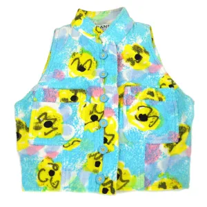 CHANELCC Button Flower Pattern Sleeveless Vest Jacket Light Blue Cotton 82936