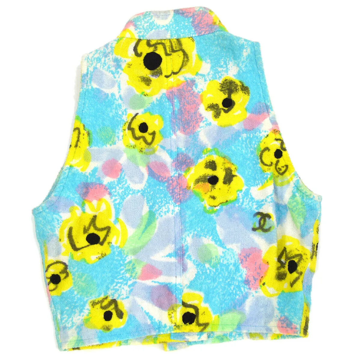 CHANELCC Button Flower Pattern Sleeveless Vest Jacket Light Blue Cotton 82936