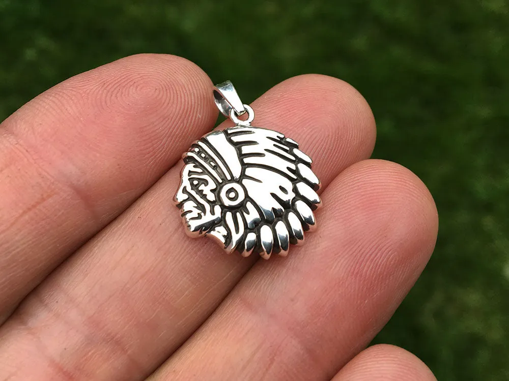 Chief Indian Head Charm Necklace Sterling Silver