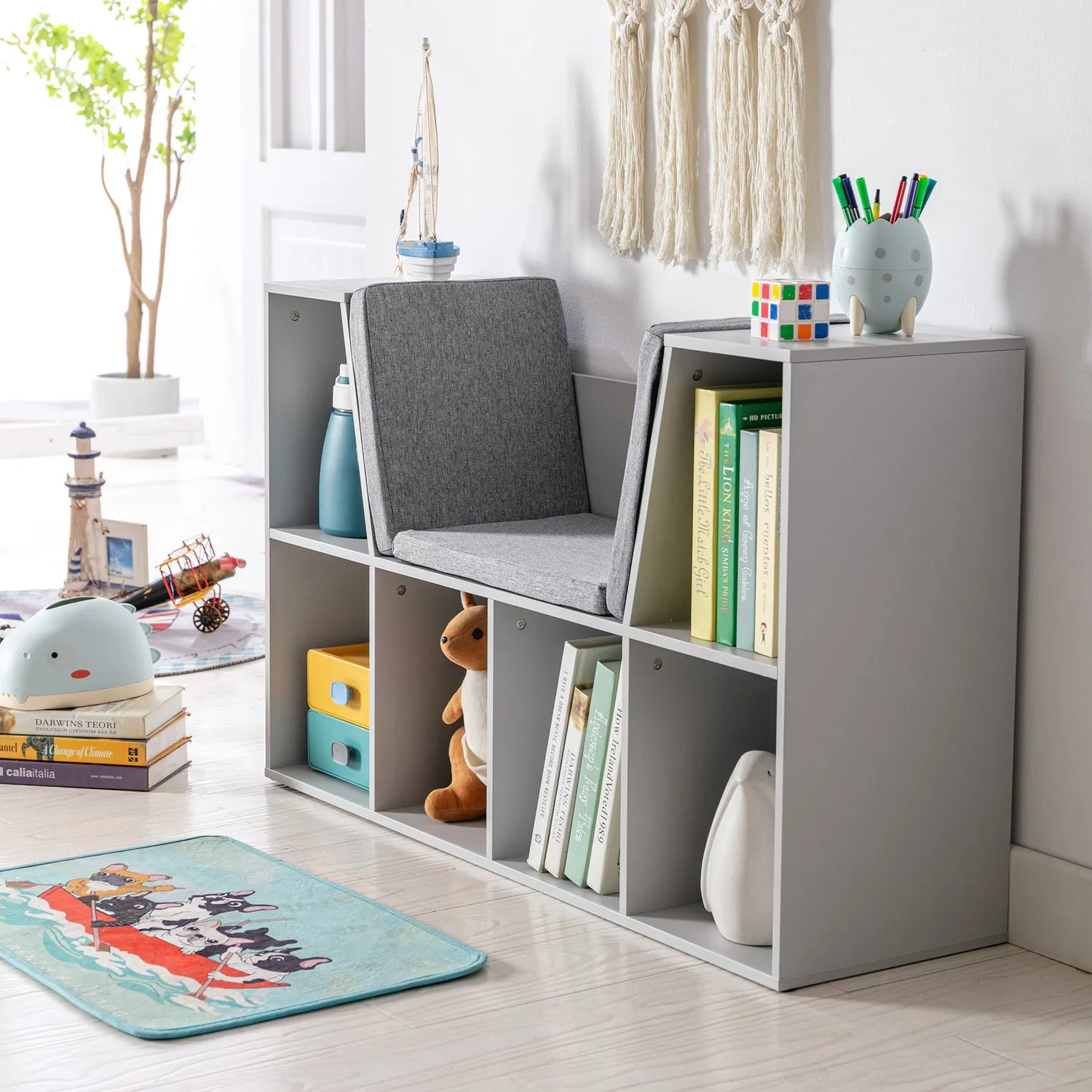 Childrens Bookcase | Toy Storage Unit | Kids Reading Seat | Grey with Grey Padded Seat