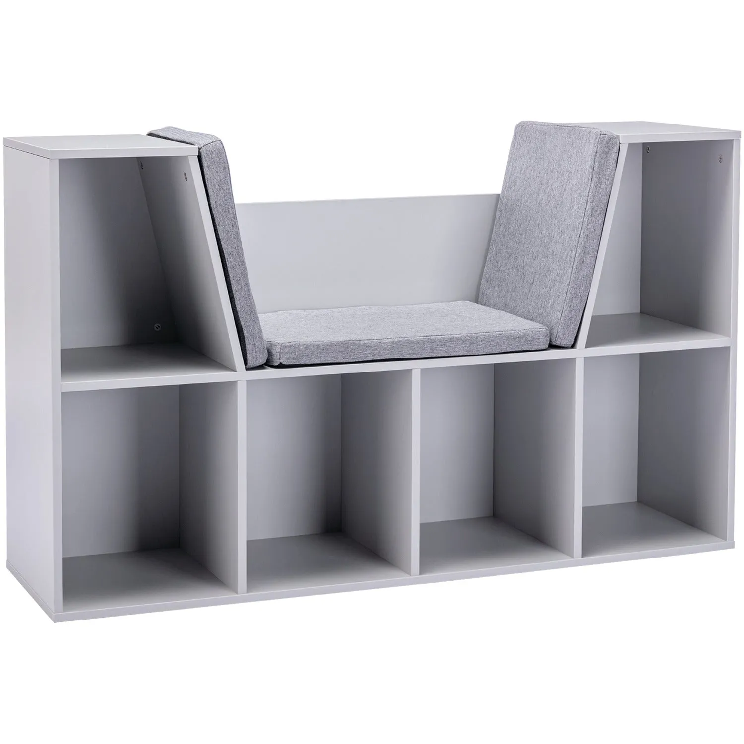 Childrens Bookcase | Toy Storage Unit | Kids Reading Seat | Grey with Grey Padded Seat