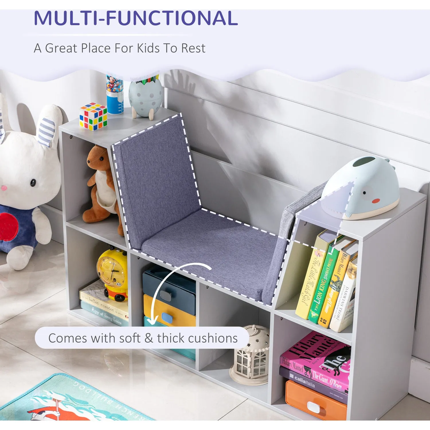 Childrens Bookcase | Toy Storage Unit | Kids Reading Seat | Grey with Grey Padded Seat