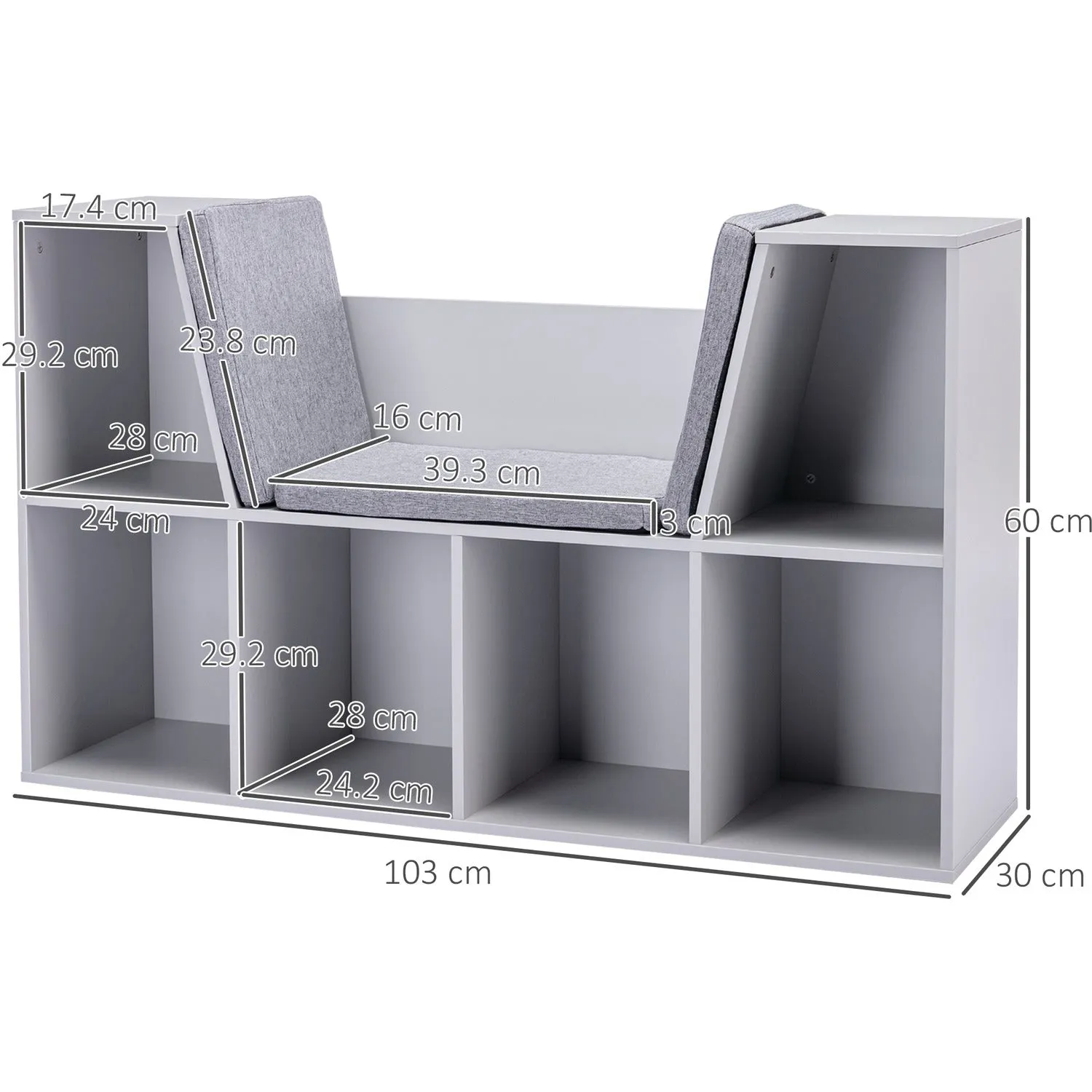Childrens Bookcase | Toy Storage Unit | Kids Reading Seat | Grey with Grey Padded Seat