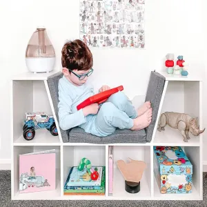 Childrens Bookcase | Toy Storage Unit | Kids Reading Seat | Grey with Grey Padded Seat