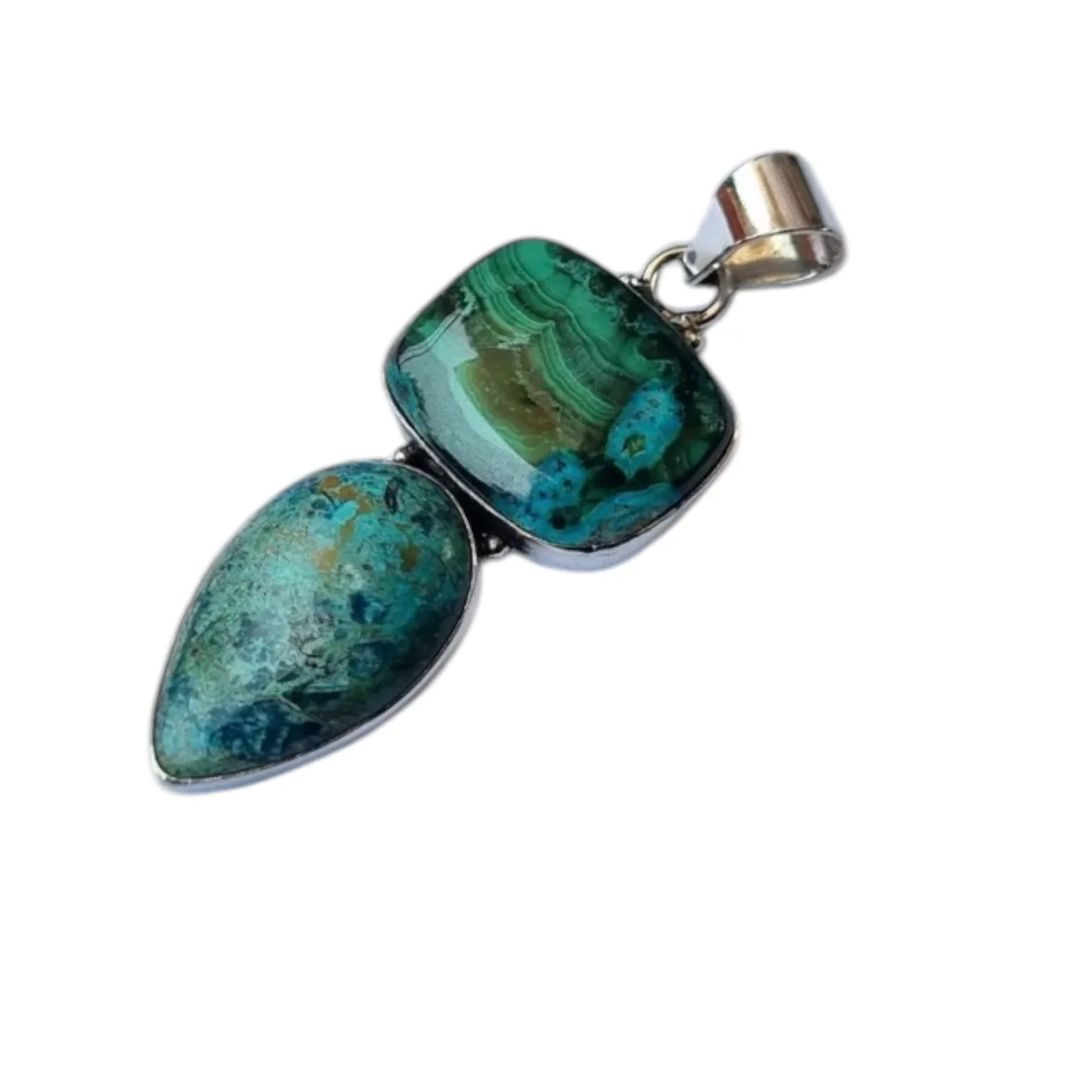 Chrysocolla & Malachite & Shattuckite Solid 925 Sterling Silver Pendant