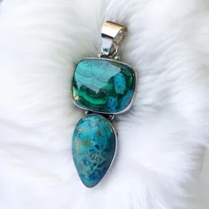 Chrysocolla & Malachite & Shattuckite Solid 925 Sterling Silver Pendant