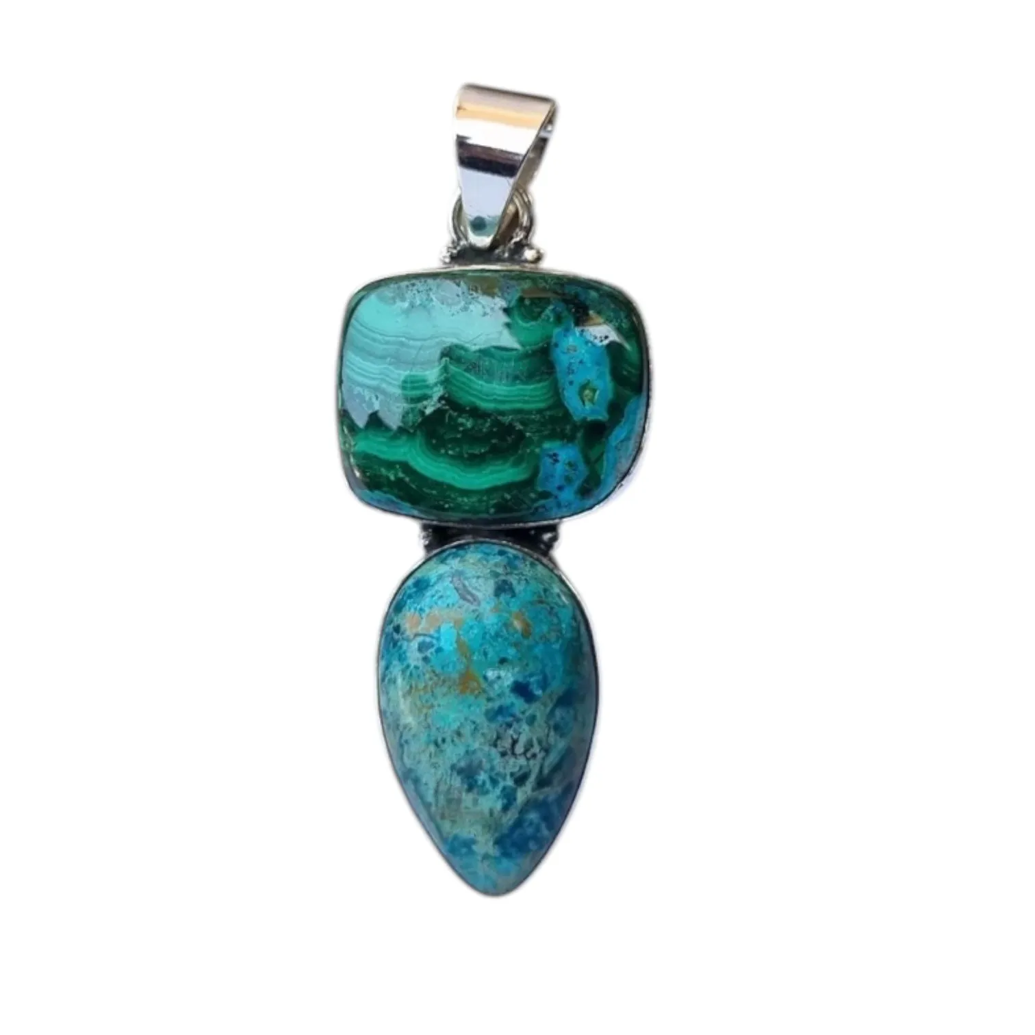 Chrysocolla & Malachite & Shattuckite Solid 925 Sterling Silver Pendant