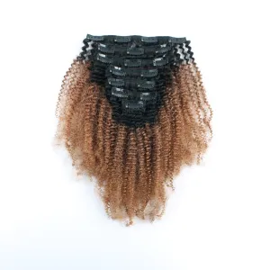 Clip in Hair Extension Afro Kinky Curly Ombre Black to Light Auburn-Only For Order Over $269