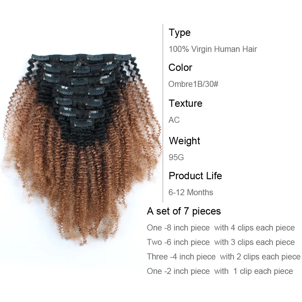 Clip in Hair Extension Afro Kinky Curly Ombre Black to Light Auburn-Only For Order Over $269