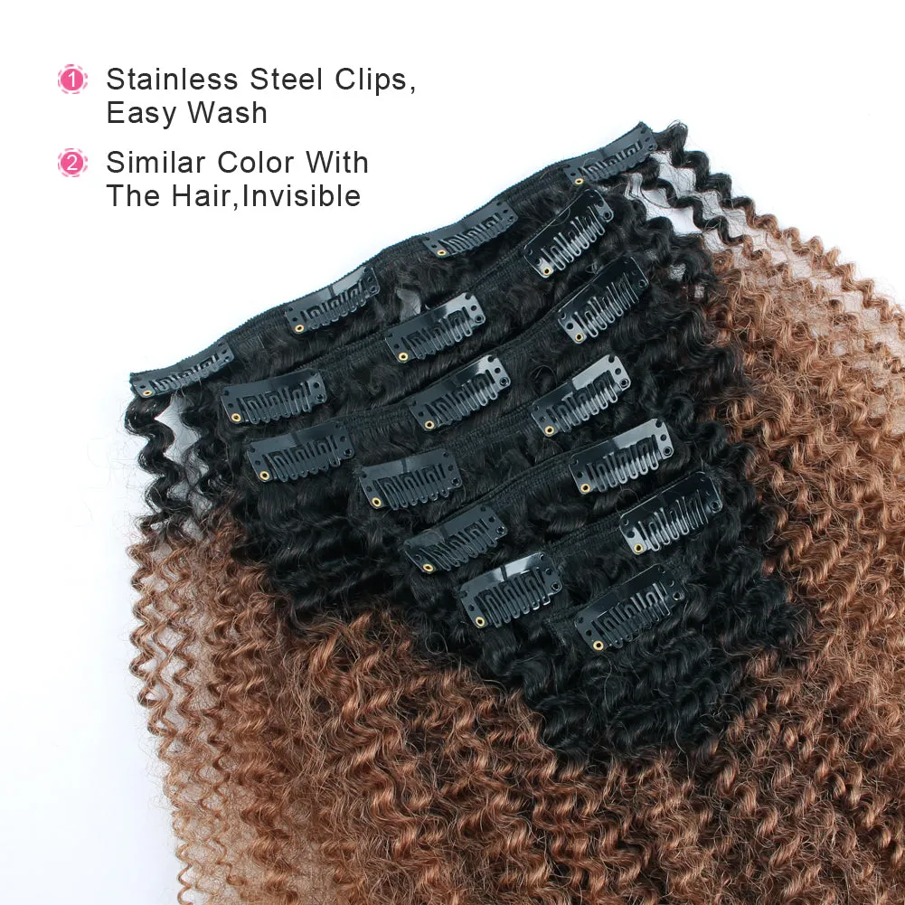 Clip in Hair Extension Afro Kinky Curly Ombre Black to Light Auburn-Only For Order Over $269