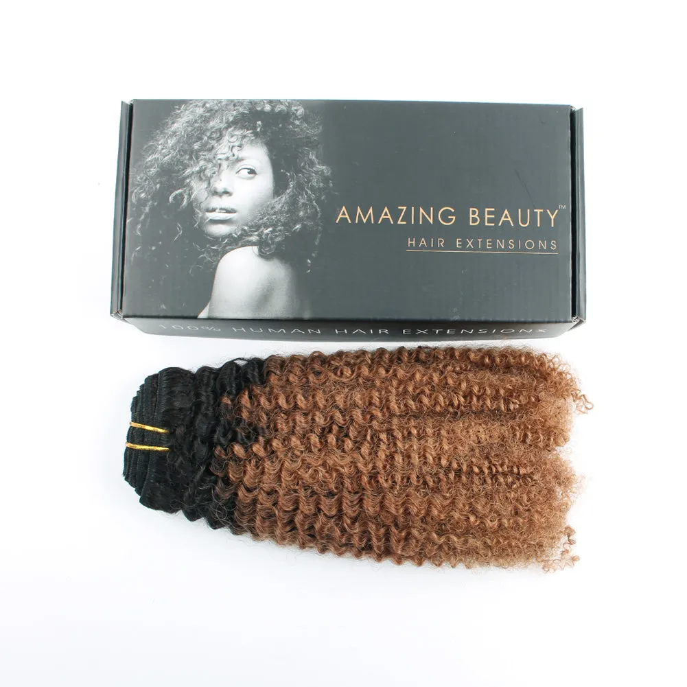 Clip in Hair Extension Afro Kinky Curly Ombre Black to Light Auburn-Only For Order Over $269
