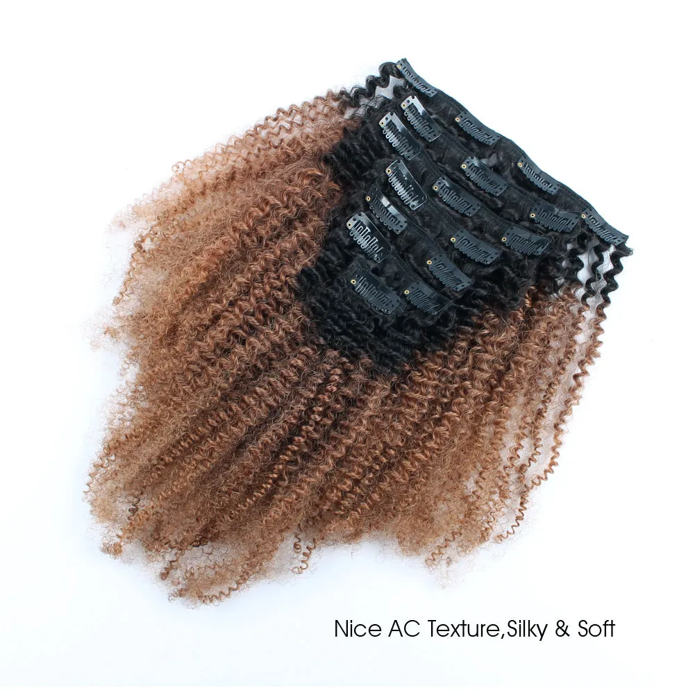Clip in Hair Extension Afro Kinky Curly Ombre Black to Light Auburn-Only For Order Over $269