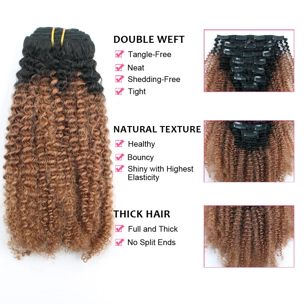 Clip in Hair Extension Afro Kinky Curly Ombre Black to Light Auburn-Only For Order Over $269